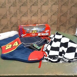 Nascar Jeff Gordon bundle.  Candy Car, xmas stocking, tree skirt, hat, mini car.